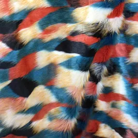 Red Beige Teal Black Puzzled Multicolor Faux Fur Fabric