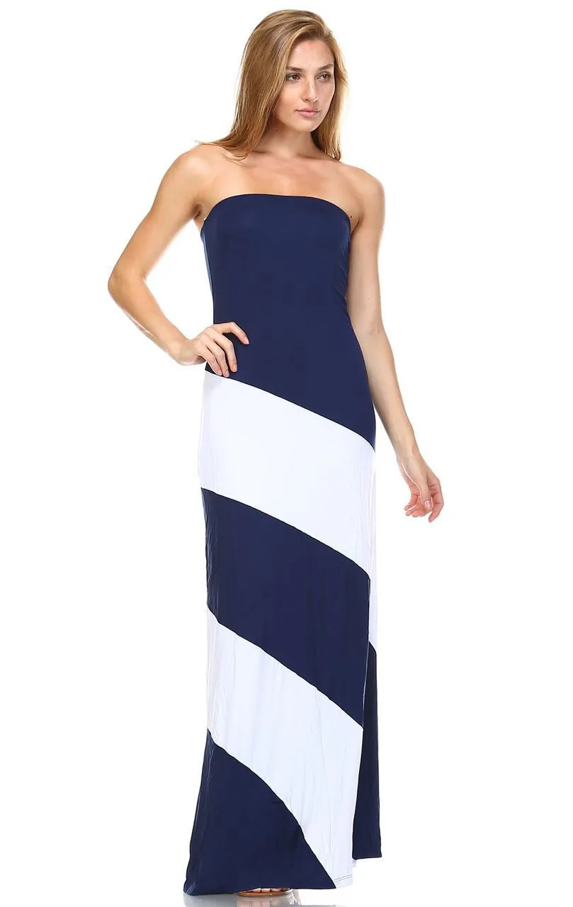 Strapless Navy White Double-Lined Striped Maxi Dress