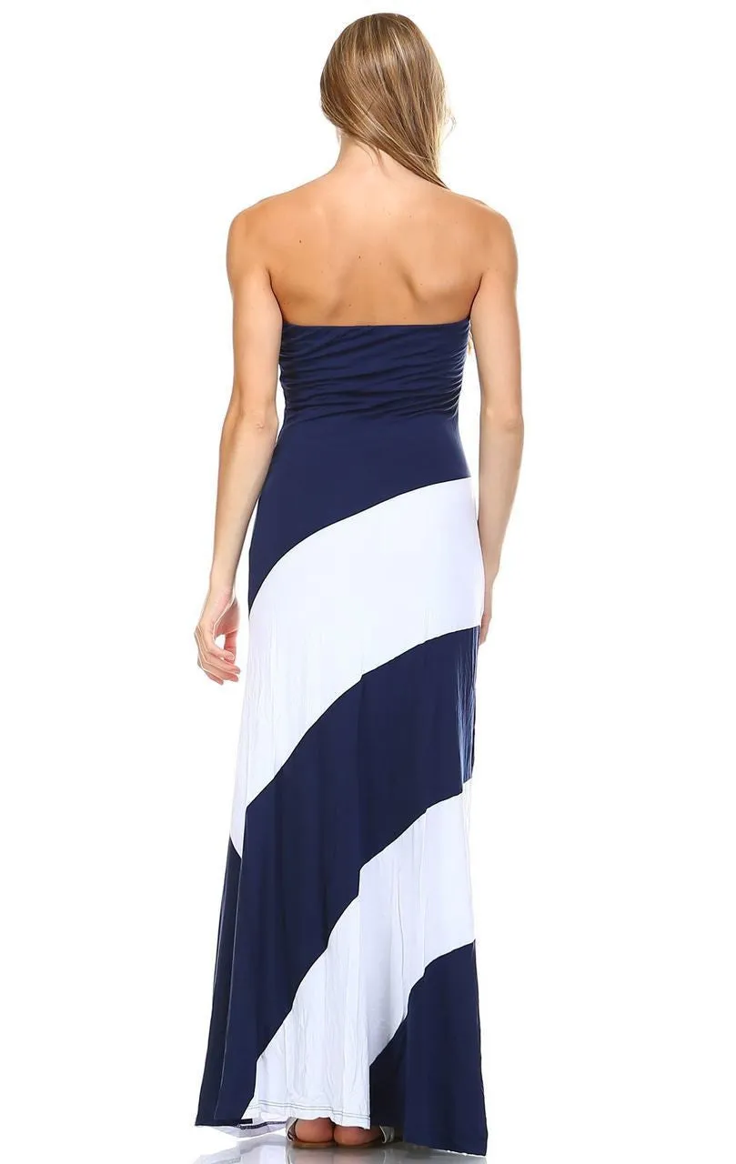 Strapless Navy White Double-Lined Striped Maxi Dress