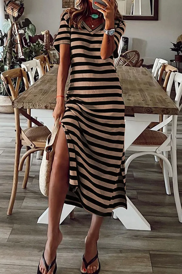 Stripe V Neck Slit Maxi Dress