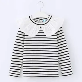 White Striped Ruffle Collar Girls Tee