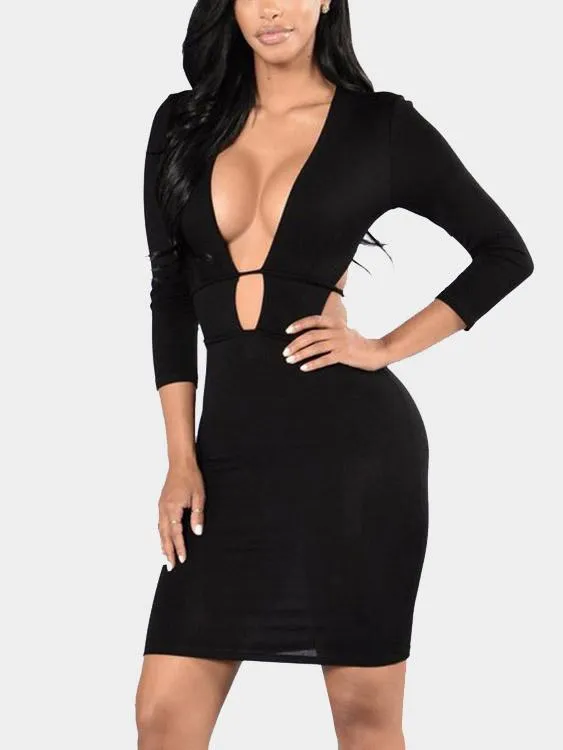 Wholesale Black Deep V-Neck 3/4 Length Sleeve Plain Bodycon Dresses