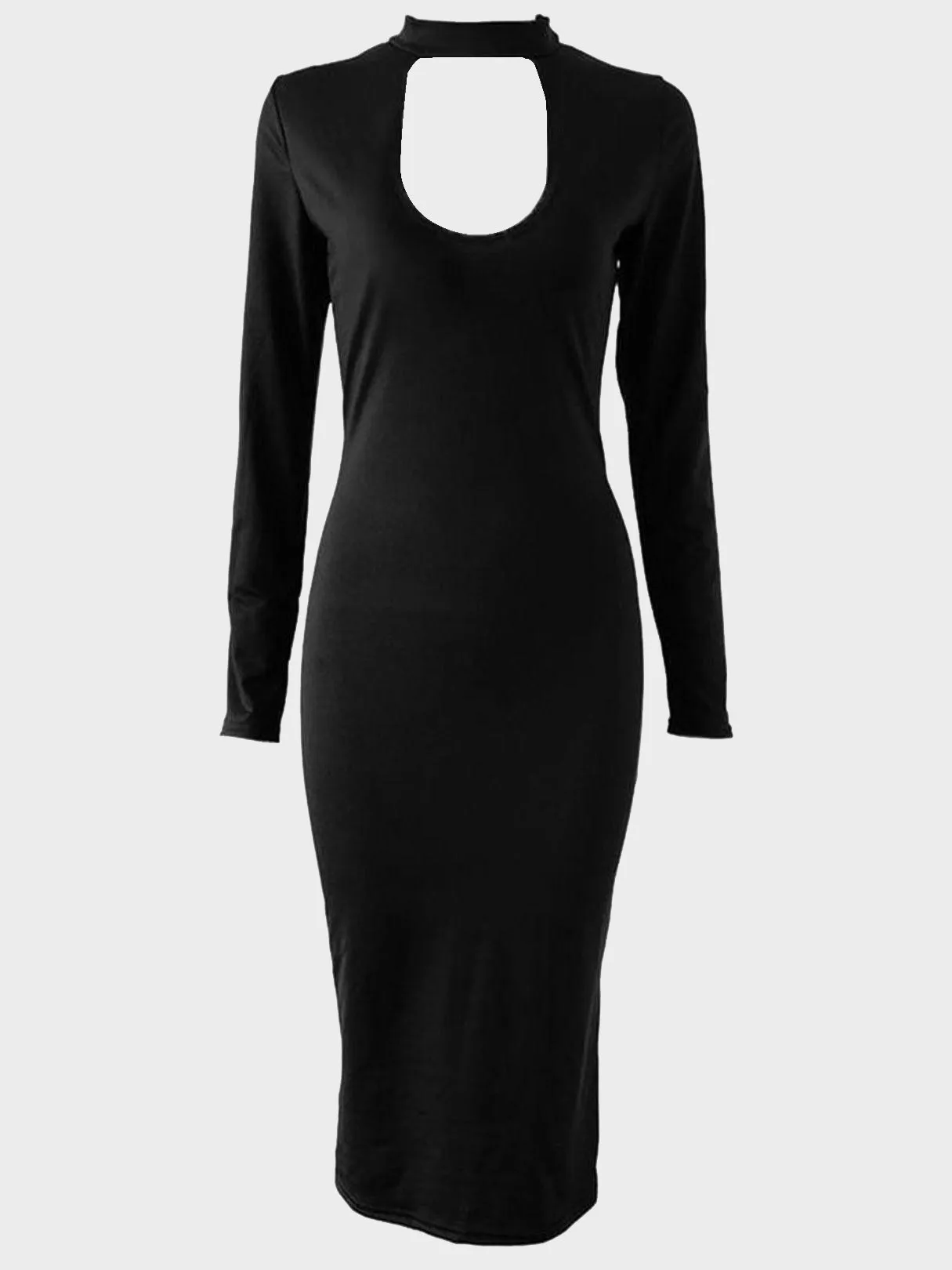 Wholesale Black Perkins Collar Long Sleeve Plain Cut Out Dresses