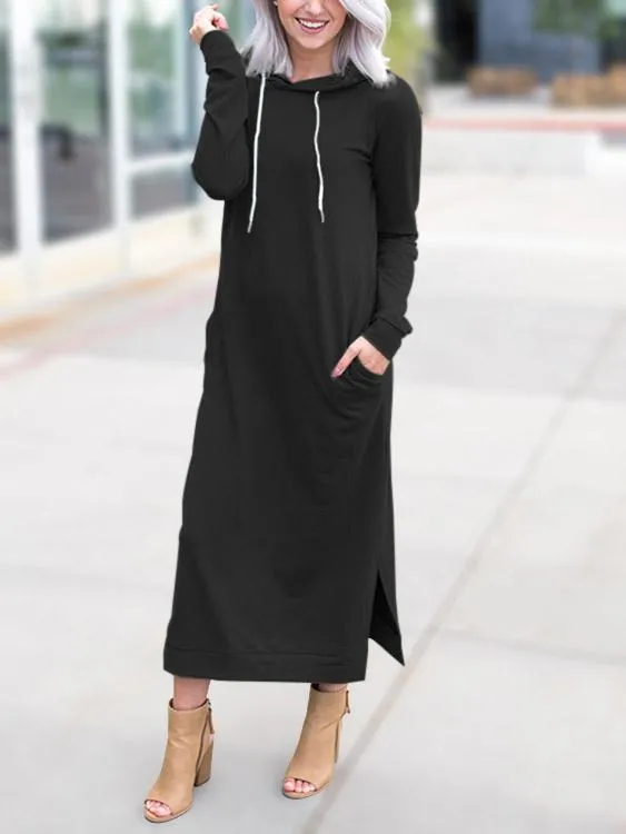 Wholesale Black Pullover Long Sleeve Plain Side Pockets Hooded Slit Maxi Dress