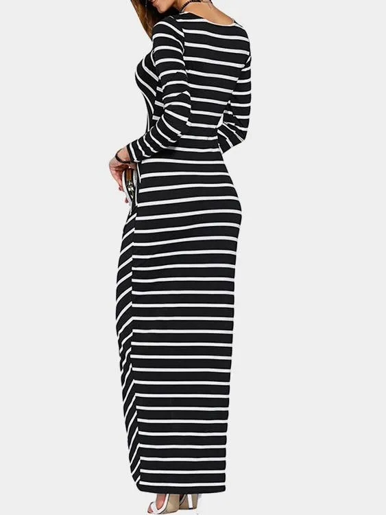 Wholesale Black Round Neck Long Sleeve Stripe Slit Hem Maxi Dresses