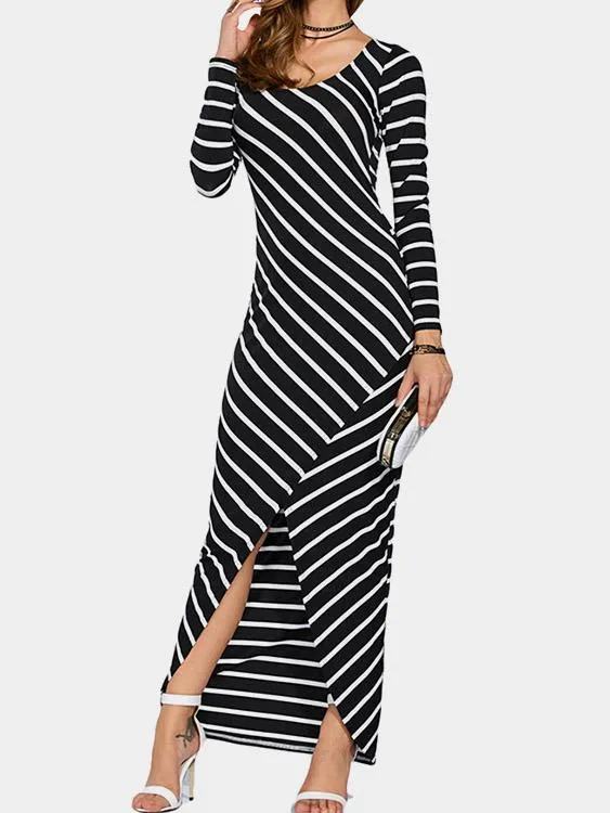 Wholesale Black Round Neck Long Sleeve Stripe Slit Hem Maxi Dresses