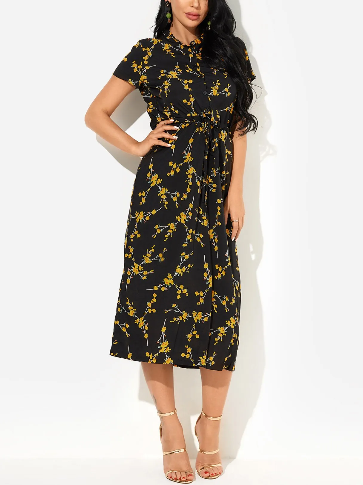 Wholesale Black Round Neck Short Sleeve Floral Print Maxi Dress