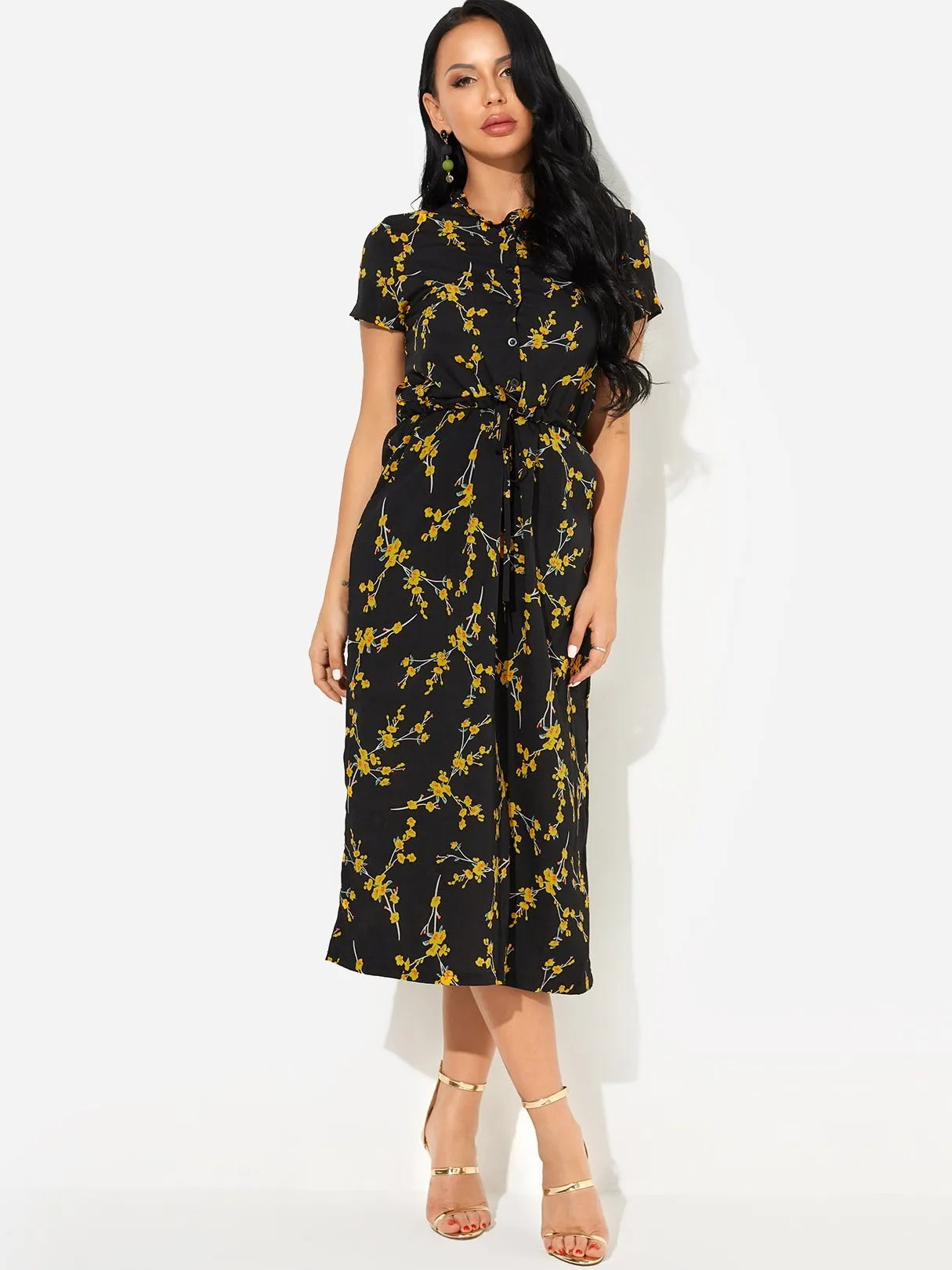 Wholesale Black Round Neck Short Sleeve Floral Print Maxi Dress