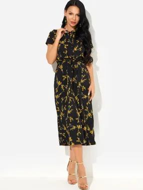 Wholesale Black Round Neck Short Sleeve Floral Print Maxi Dress