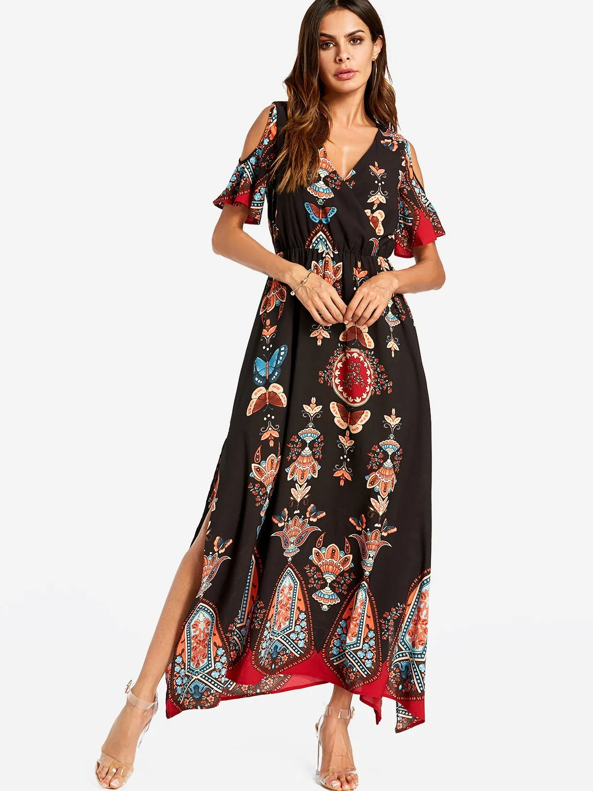 Wholesale Black V-Neck Cold Shoulder Short Sleeve Printed Slit Maxi Dresses