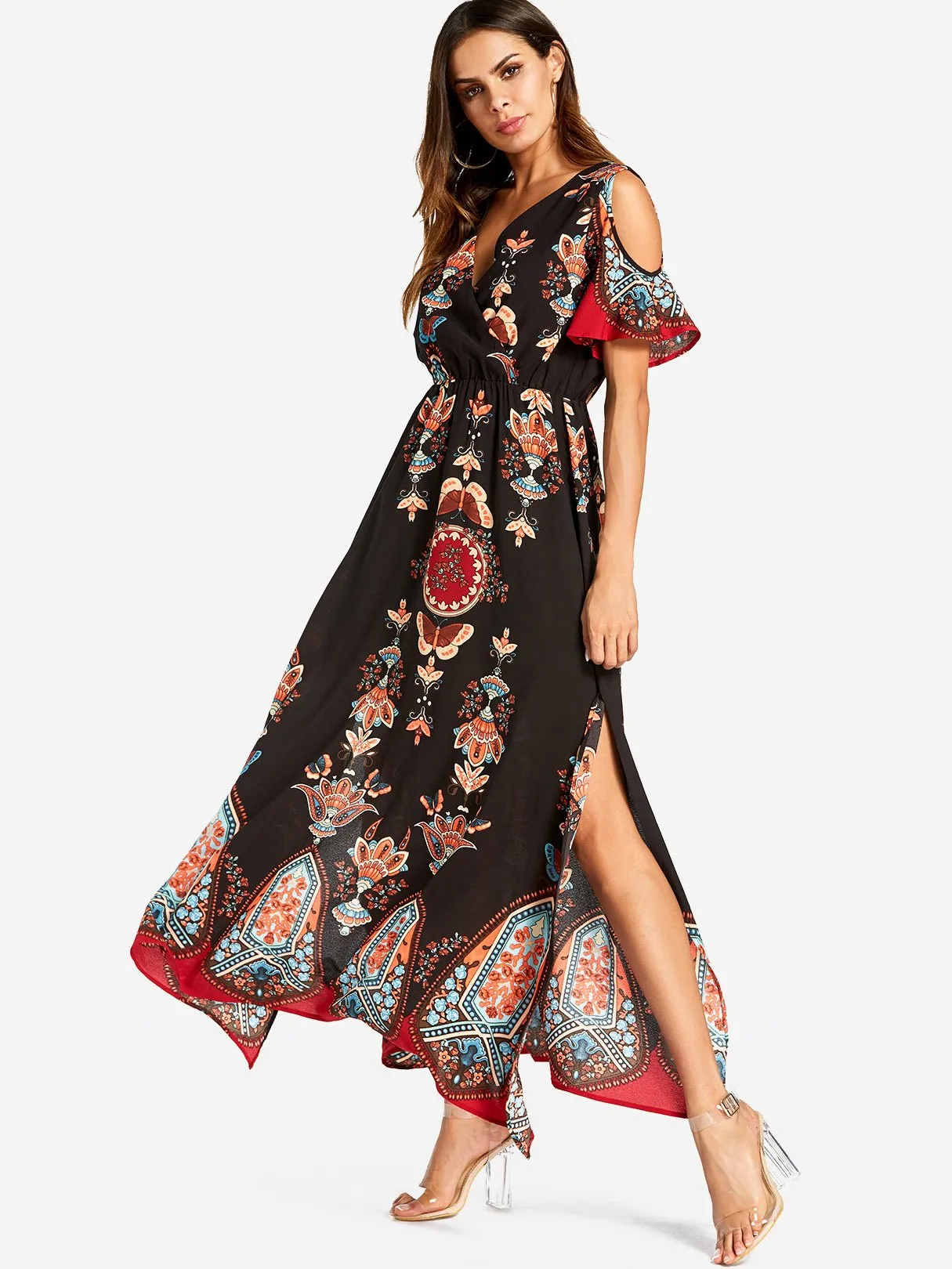 Wholesale Black V-Neck Cold Shoulder Short Sleeve Printed Slit Maxi Dresses