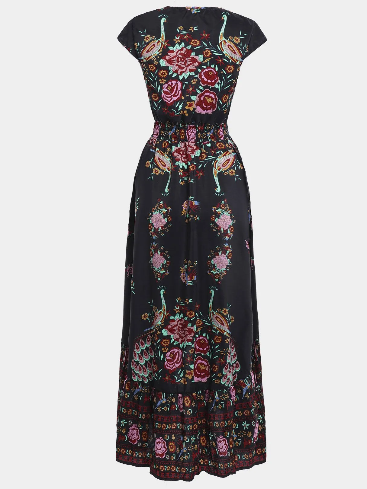 Wholesale Black V-Neck Floral Print Self-Tie Slit Hem Maxi Dress