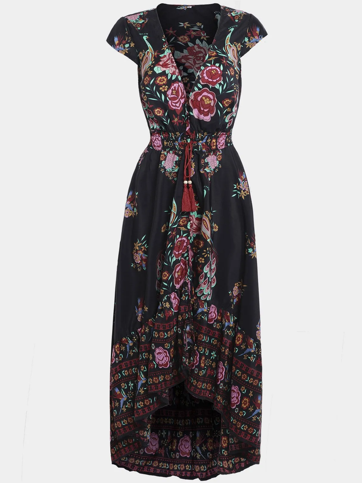 Wholesale Black V-Neck Floral Print Self-Tie Slit Hem Maxi Dress