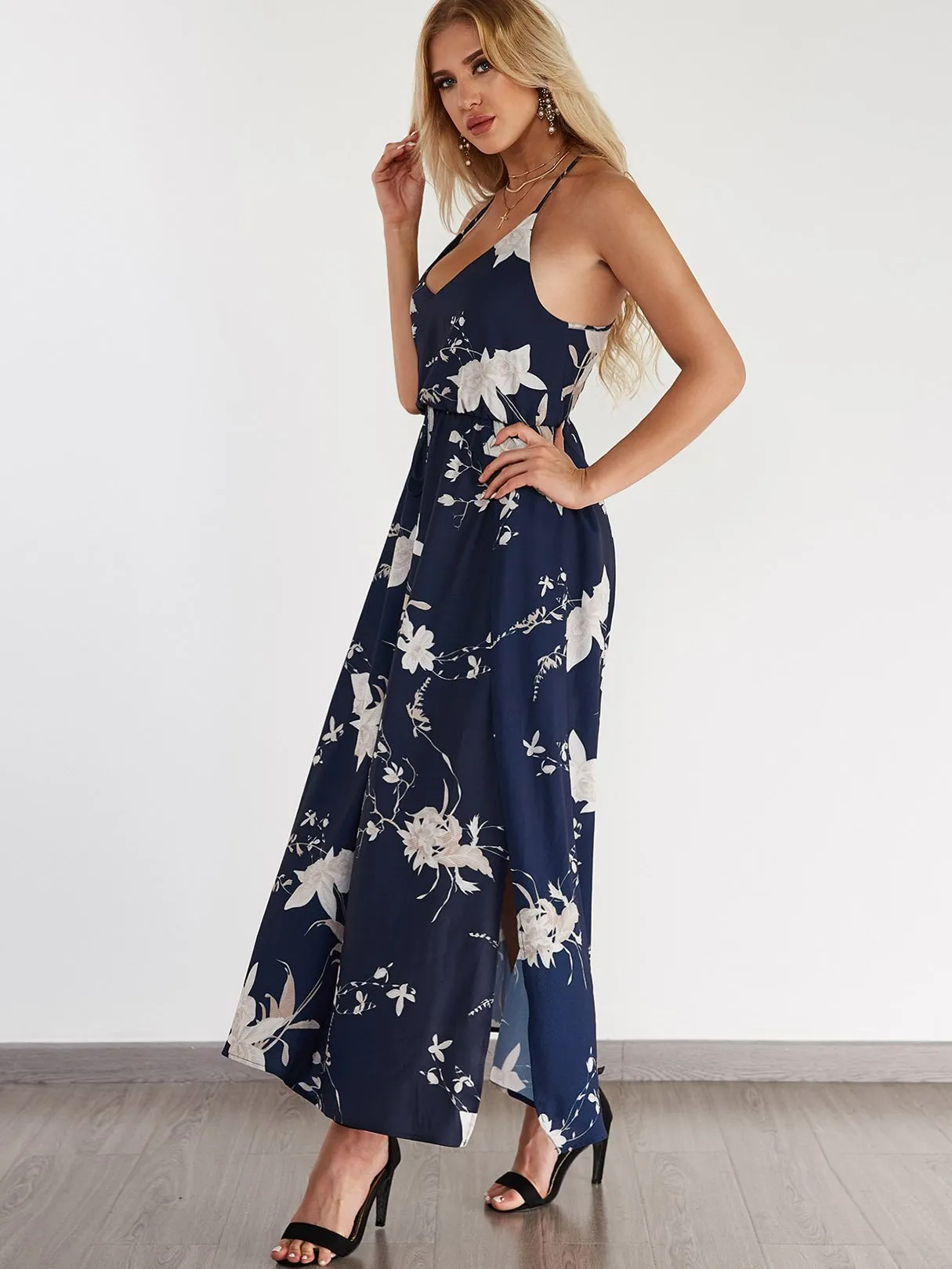 Wholesale Black V-Neck Sleeveless Floral Print Slit Hem Maxi Dress