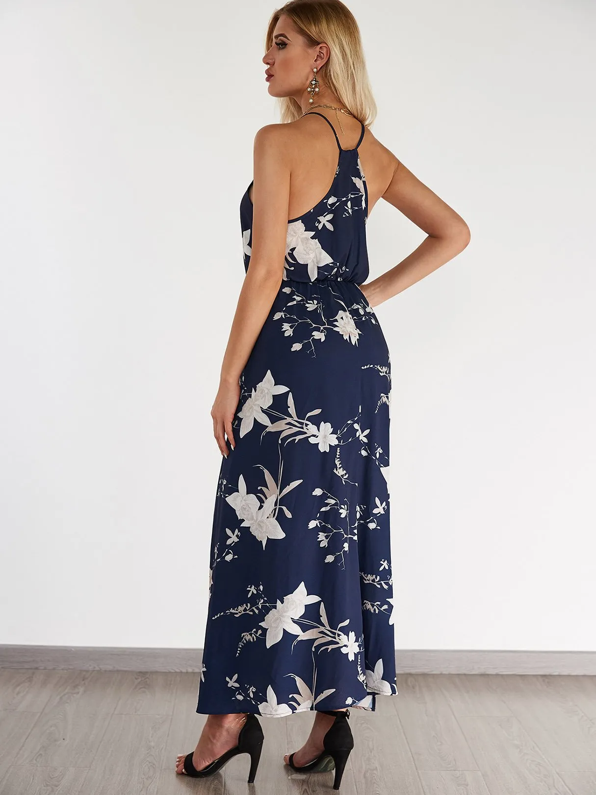 Wholesale Black V-Neck Sleeveless Floral Print Slit Hem Maxi Dress