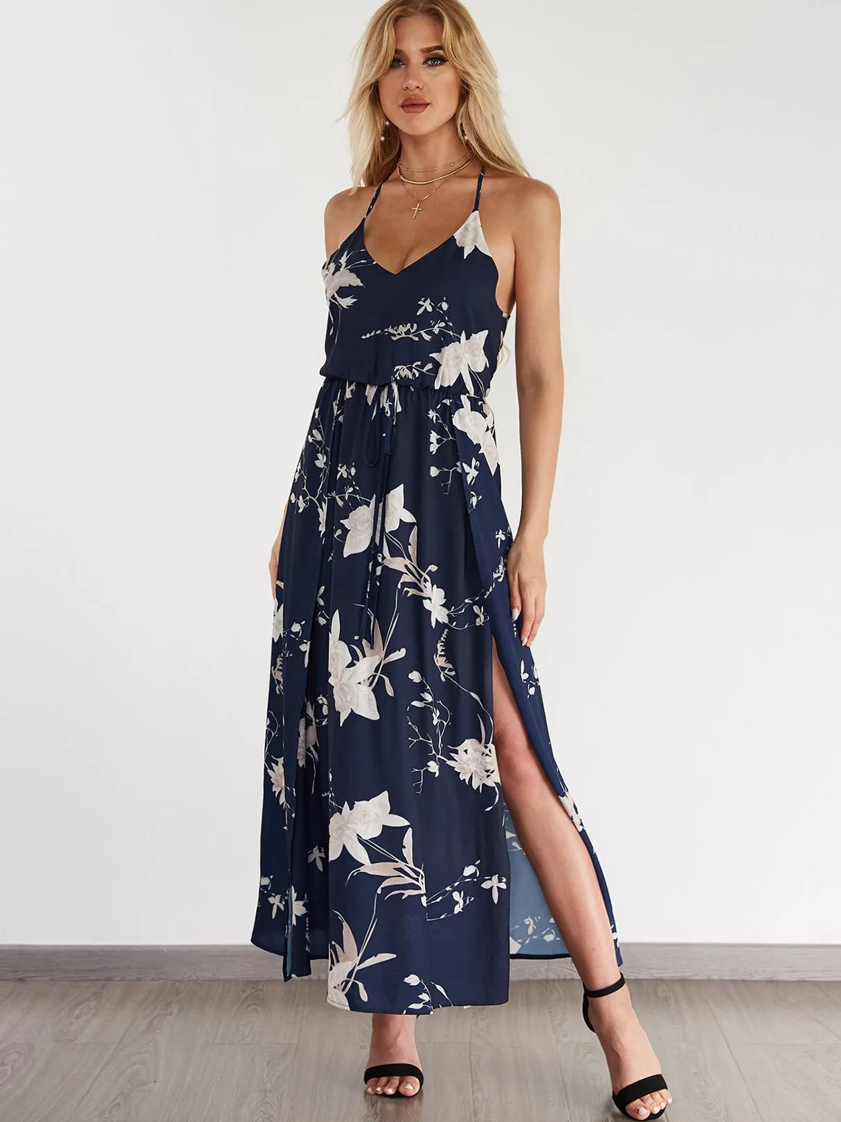 Wholesale Black V-Neck Sleeveless Floral Print Slit Hem Maxi Dress