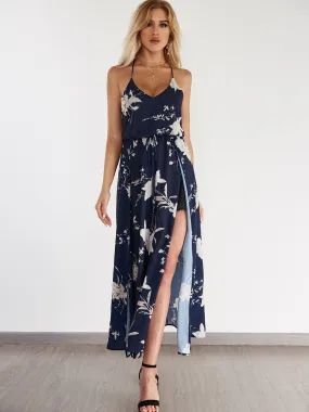 Wholesale Black V-Neck Sleeveless Floral Print Slit Hem Maxi Dress