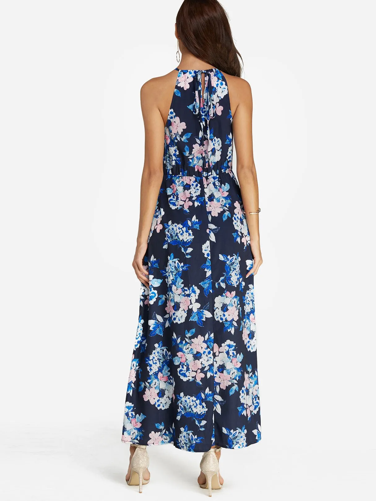 Wholesale Blue Halter Sleeveless Floral Print Self-Tie Slit Hem Maxi Dress