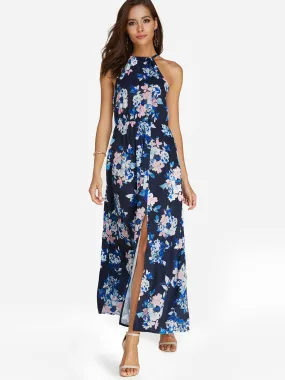 Wholesale Blue Halter Sleeveless Floral Print Self-Tie Slit Hem Maxi Dress