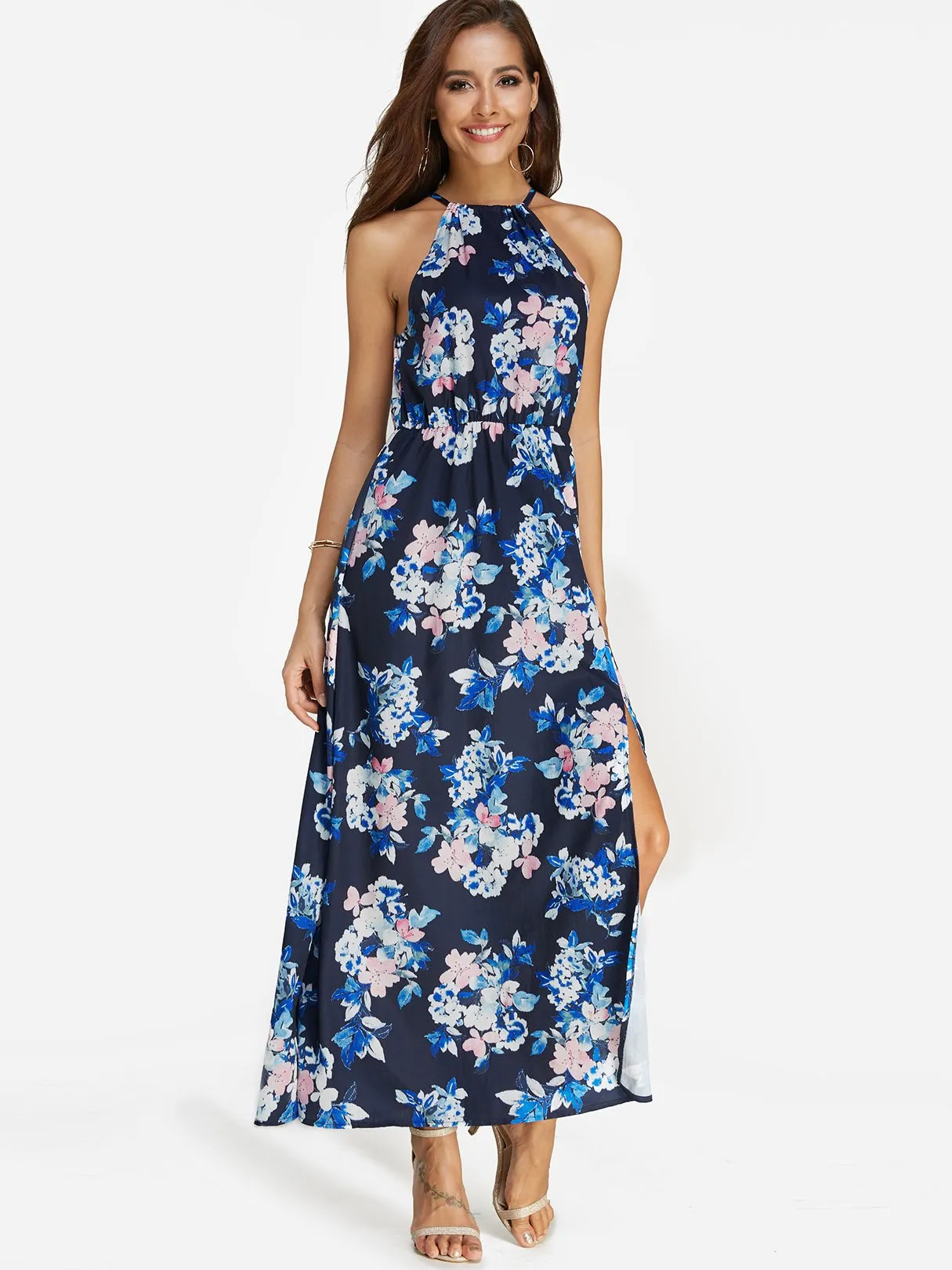 Wholesale Blue Halter Sleeveless Floral Print Self-Tie Slit Hem Maxi Dress