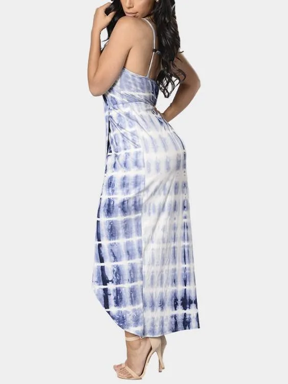 Wholesale Blue Sleeveless Slit Hem Maxi Dress