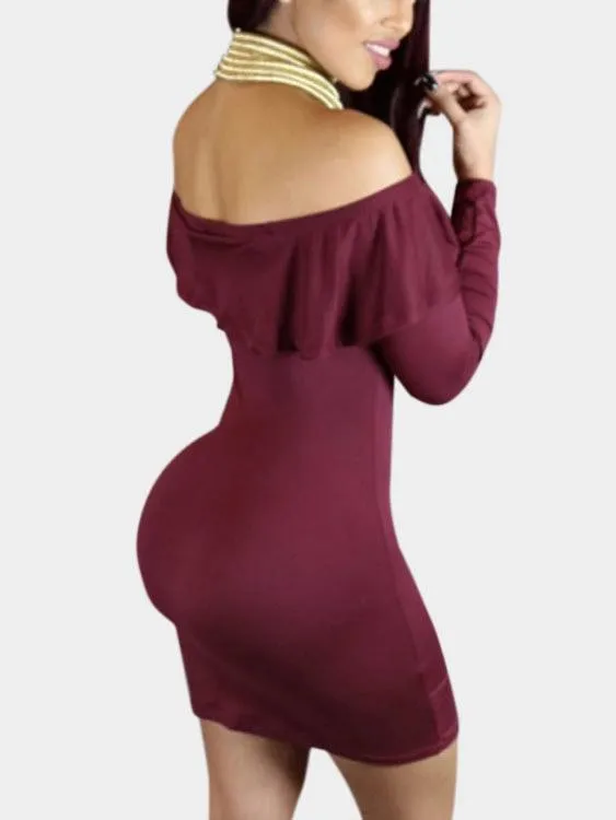 Wholesale Burgundy Off The Shoulder Long Sleeve Plain Dresses