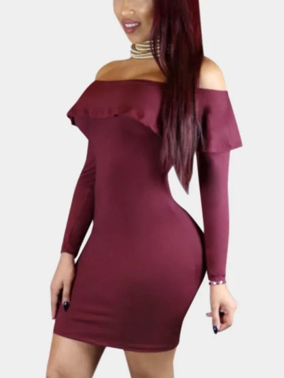 Wholesale Burgundy Off The Shoulder Long Sleeve Plain Dresses