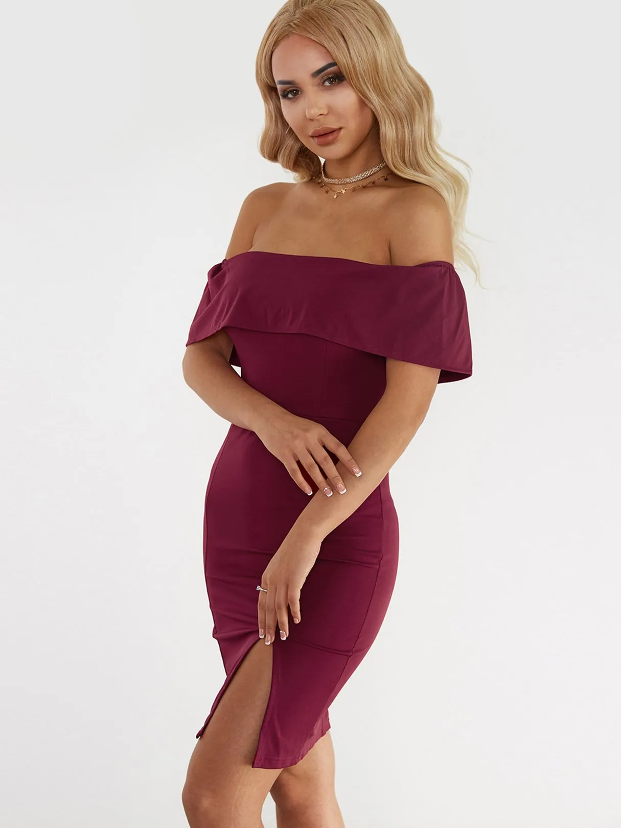 Wholesale Burgundy Off The Shoulder Plain Zip Back Slit Hem Dresses