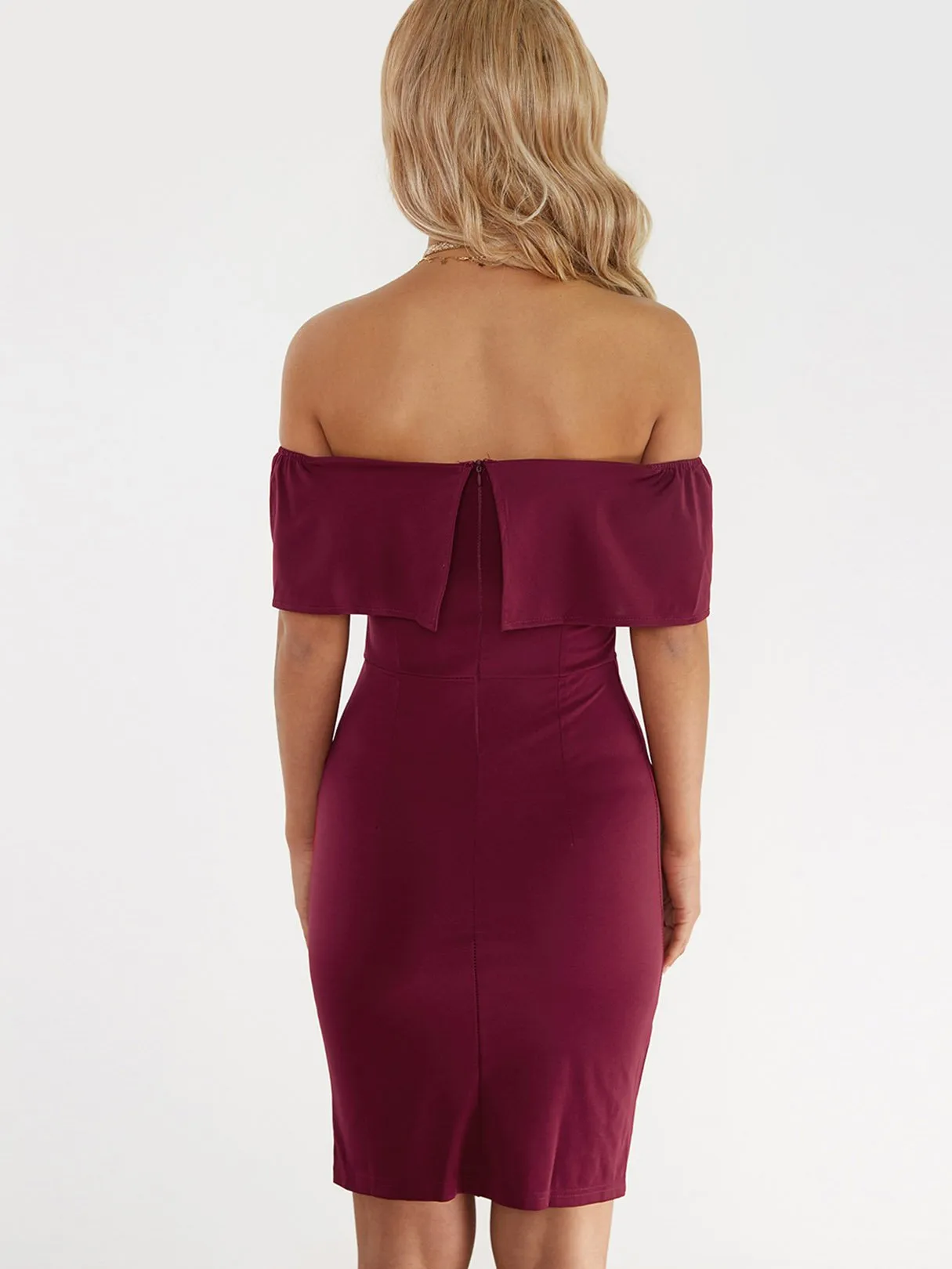 Wholesale Burgundy Off The Shoulder Plain Zip Back Slit Hem Dresses