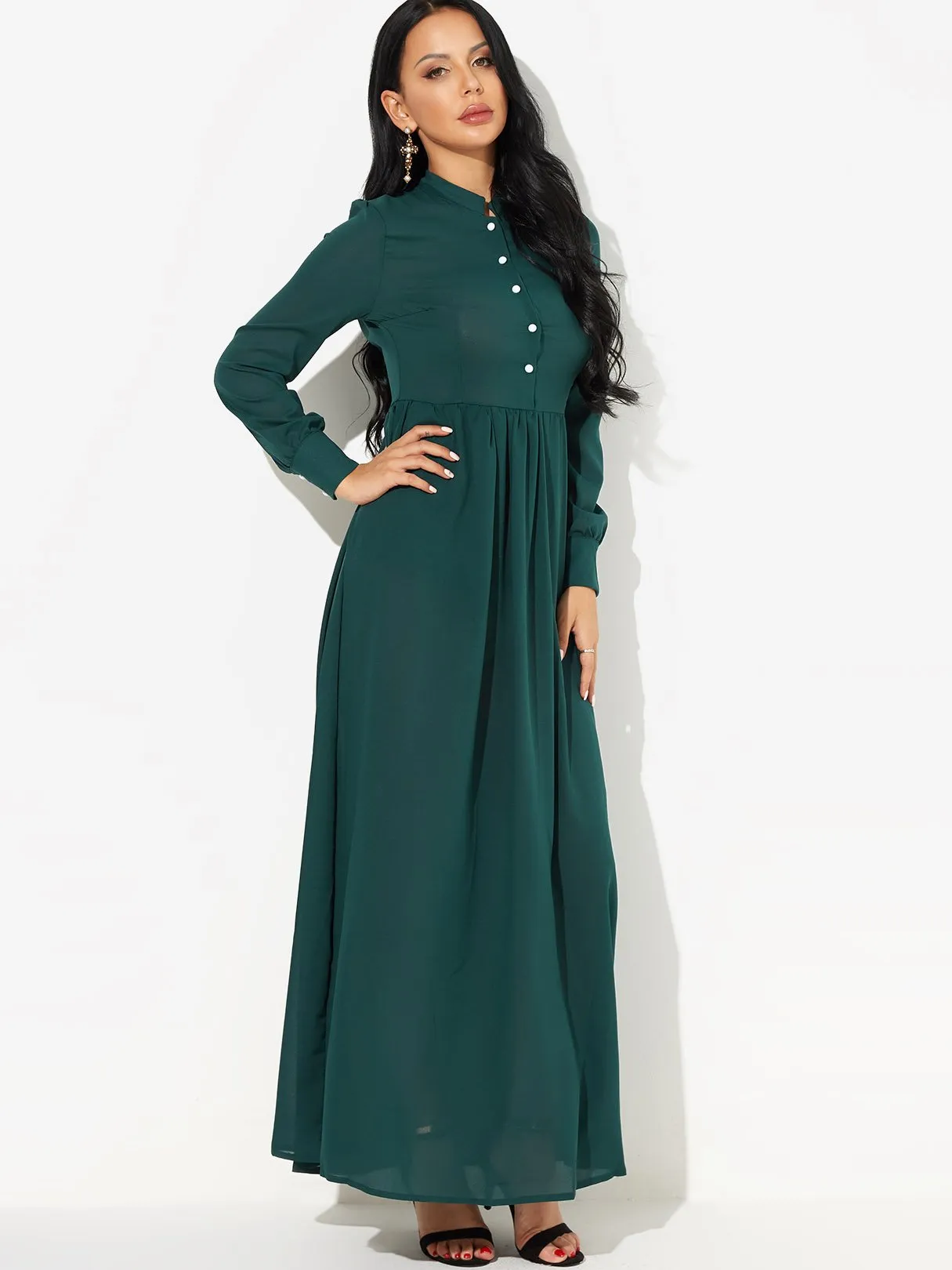 Wholesale Green Round Neck Long Sleeve Maxi Dress