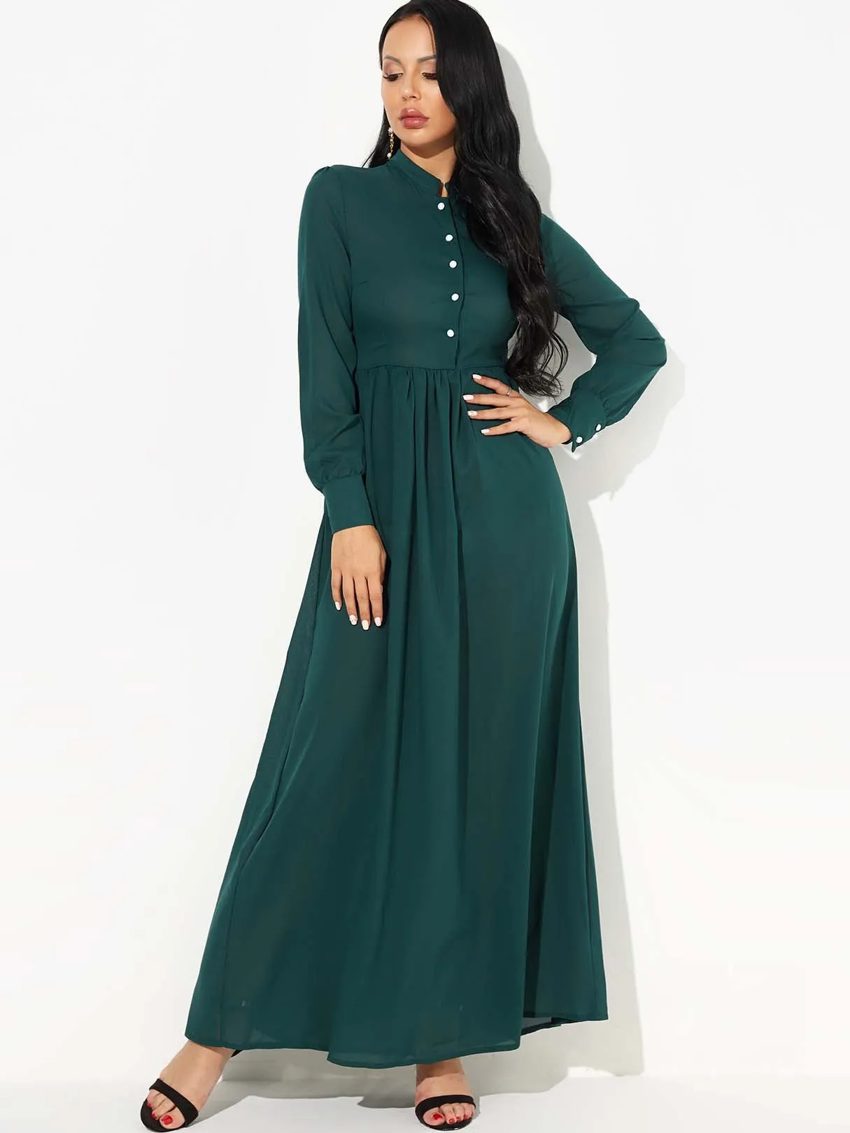 Wholesale Green Round Neck Long Sleeve Maxi Dress