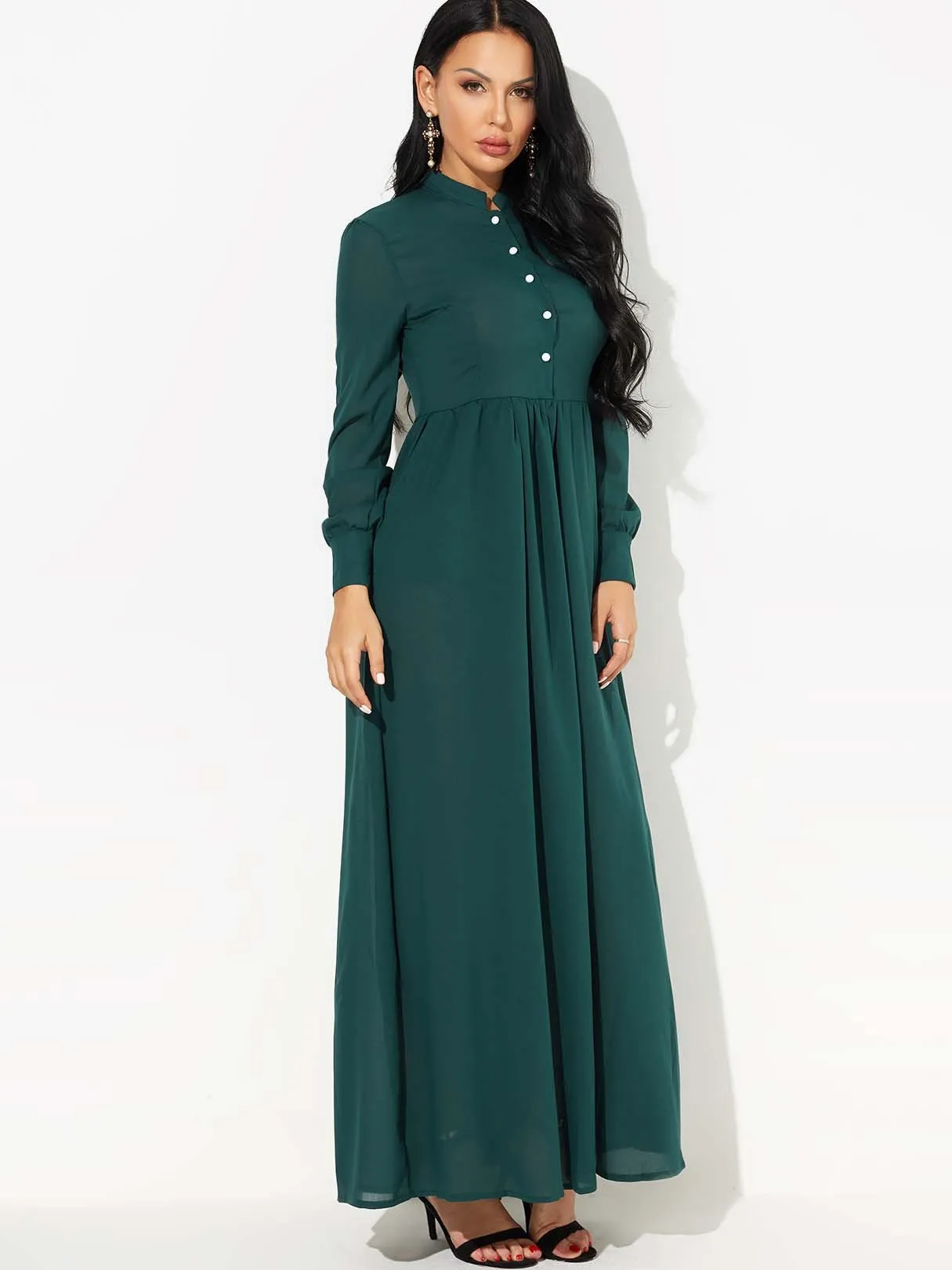 Wholesale Green Round Neck Long Sleeve Maxi Dress