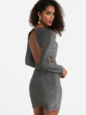 Wholesale Grey Round Neck Long Sleeve Backless Cut Out Bodycon Dresses