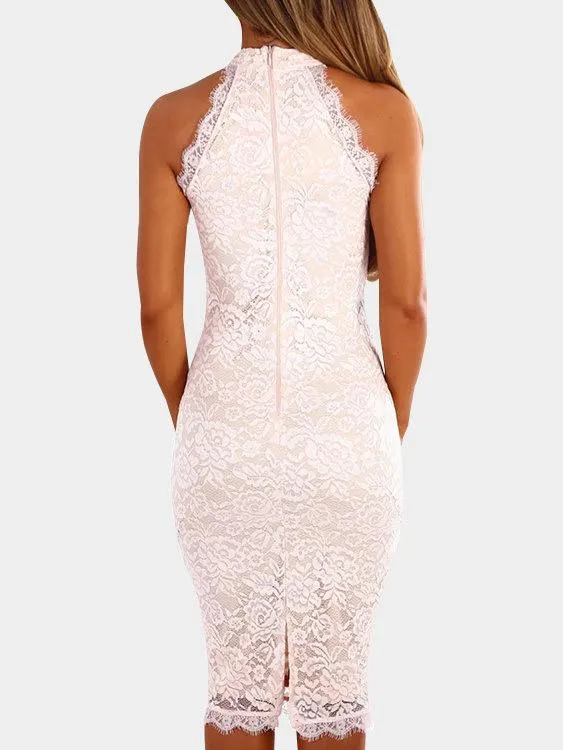 Wholesale Halter Sleeveless Lace Zip Back Slit Dresses