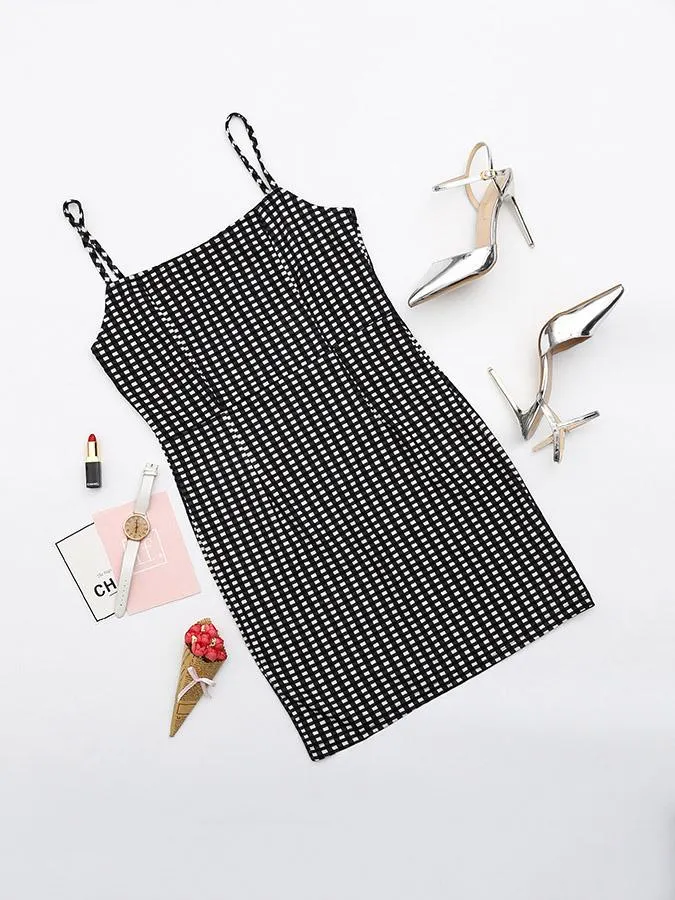 Wholesale Halter Square Neck Sleeveless Grid Zip Back Backless Dresses