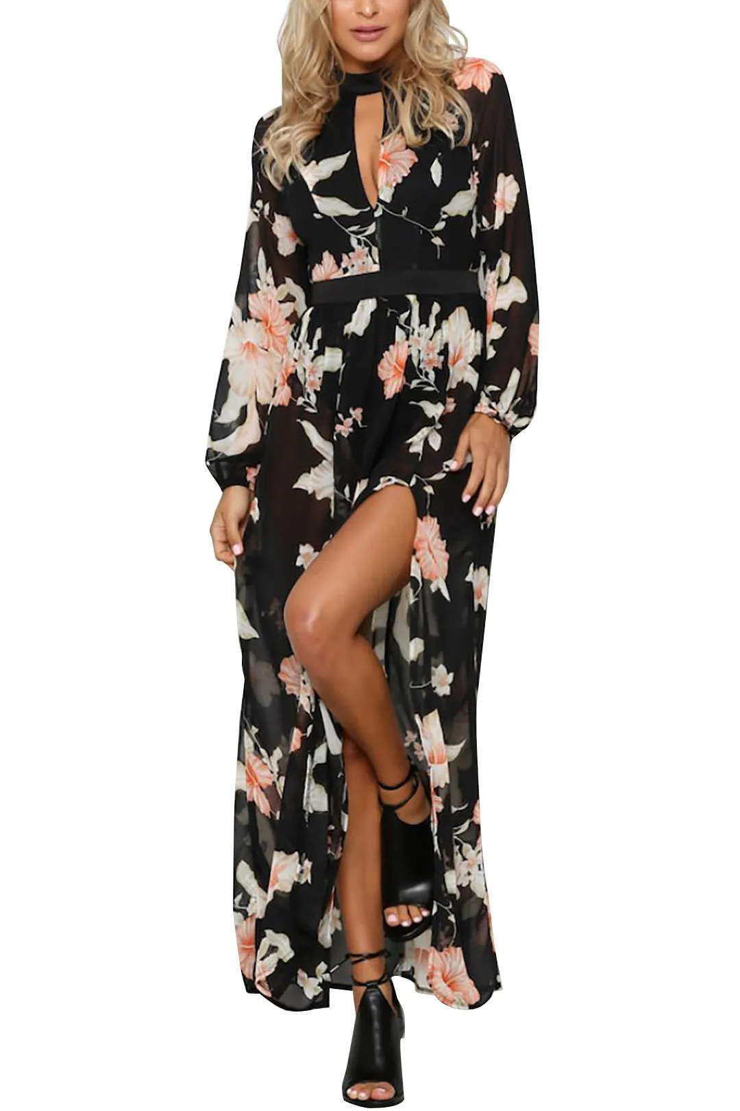 Wholesale Long Sleeve Floral Print Maxi Dress