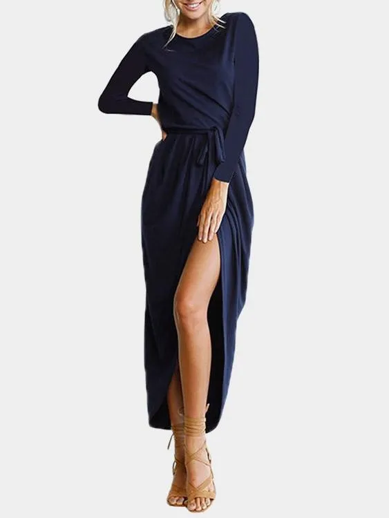 Wholesale Navy Long Sleeve Plain Irregular Hem Maxi Dress