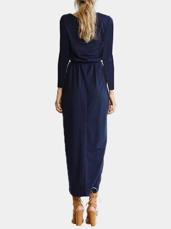 Wholesale Navy Long Sleeve Plain Irregular Hem Maxi Dress