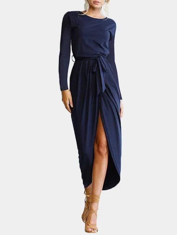 Wholesale Navy Long Sleeve Plain Irregular Hem Maxi Dress