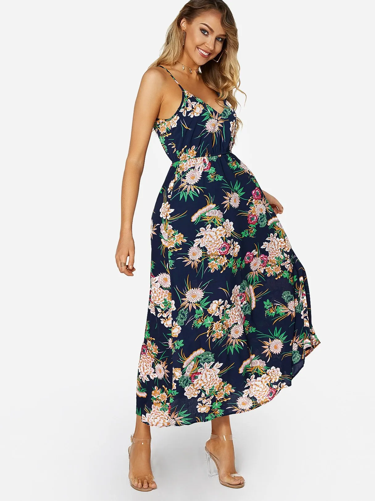 Wholesale Navy V-Neck Sleeveless Floral Print Maxi Dress