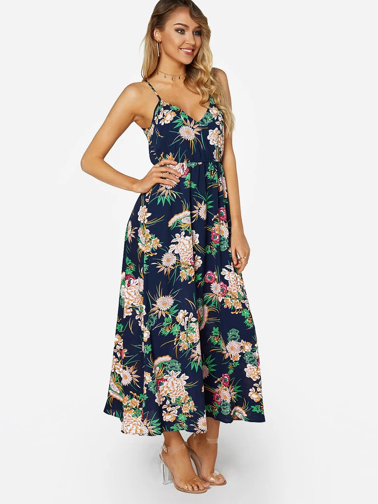 Wholesale Navy V-Neck Sleeveless Floral Print Maxi Dress