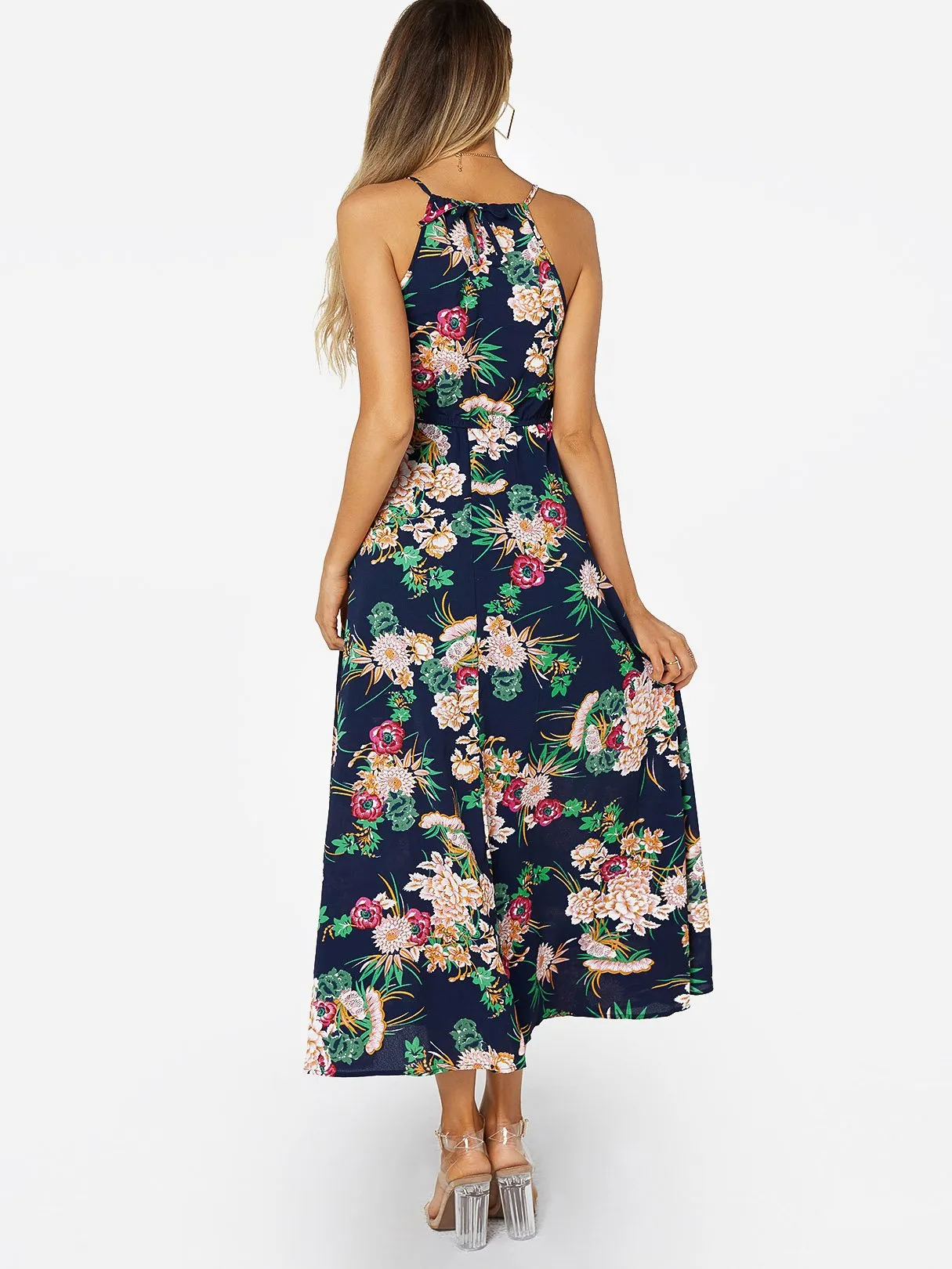 Wholesale Navy V-Neck Sleeveless Floral Print Maxi Dress