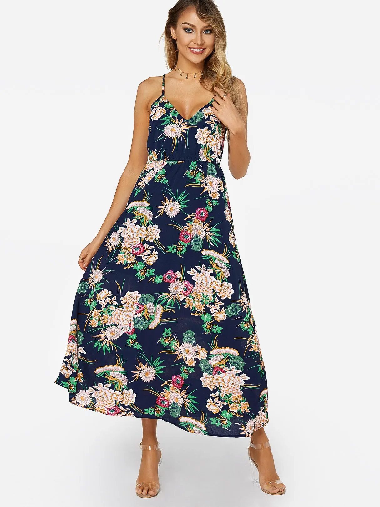 Wholesale Navy V-Neck Sleeveless Floral Print Maxi Dress