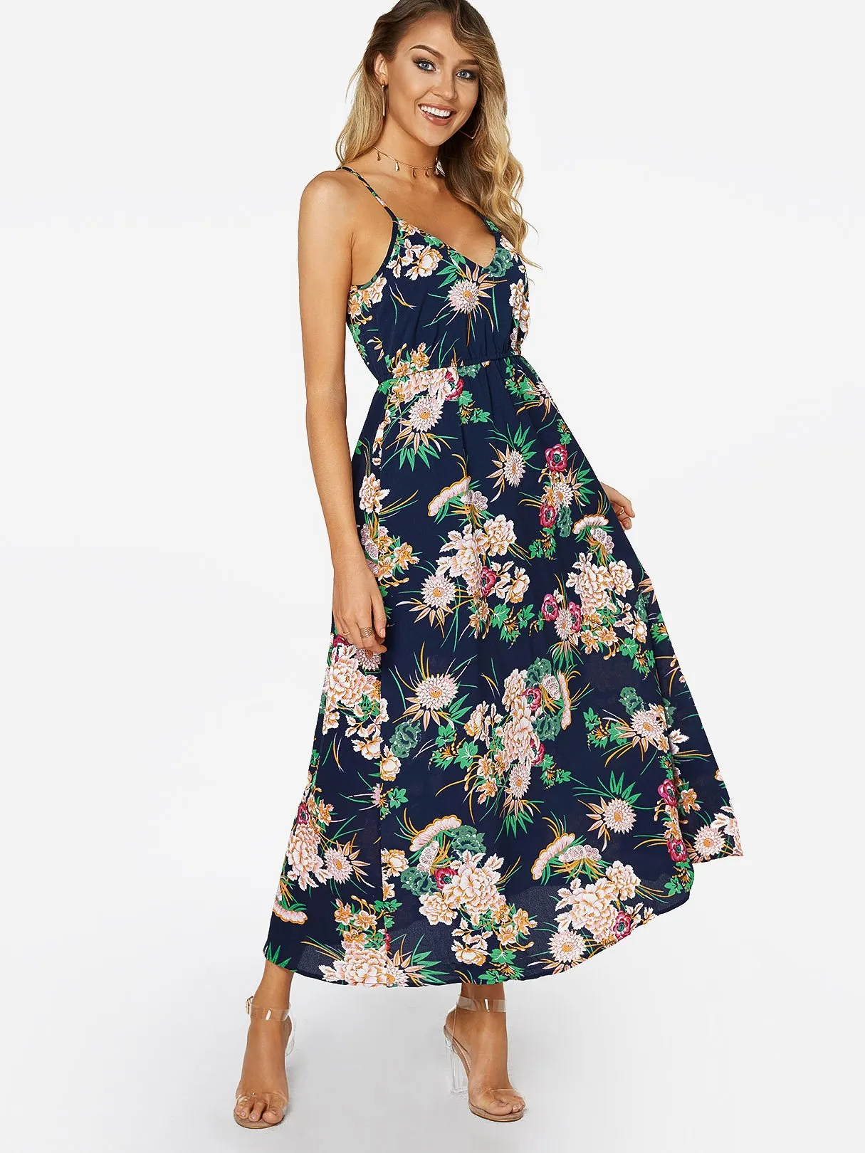 Wholesale Navy V-Neck Sleeveless Floral Print Maxi Dress