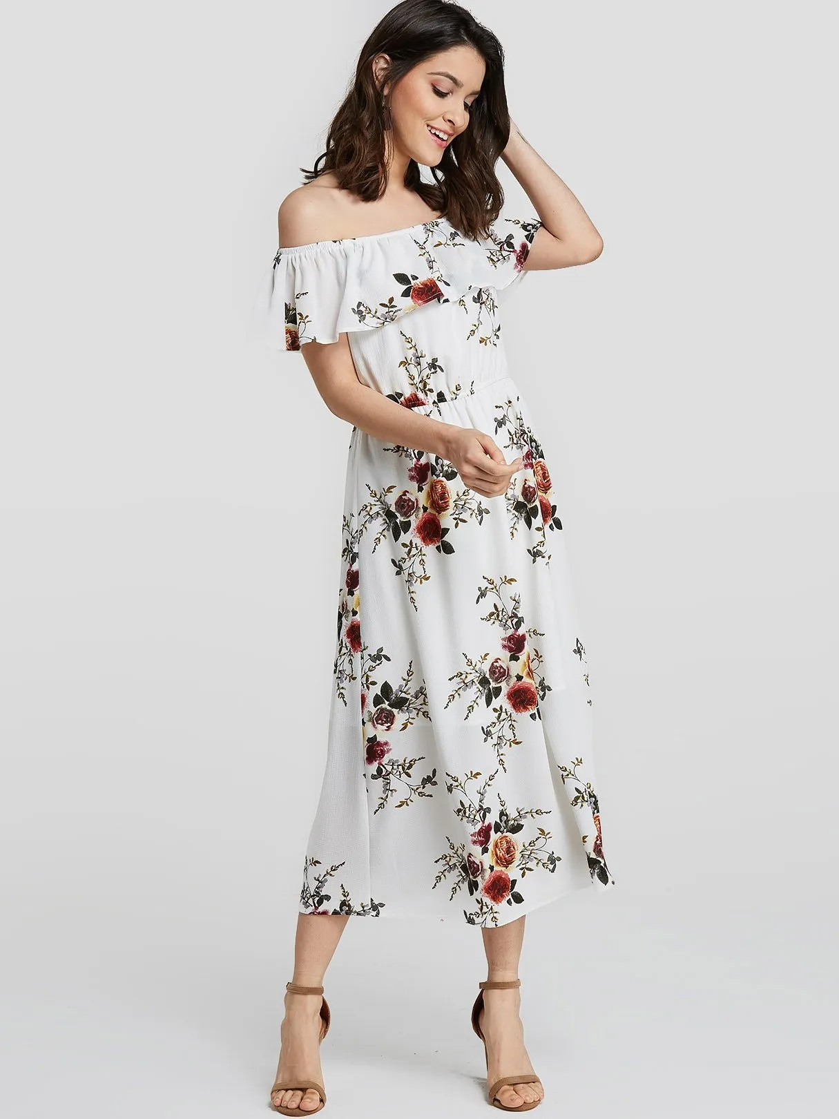 Wholesale Off The Shoulder Floral Print Maxi Dress