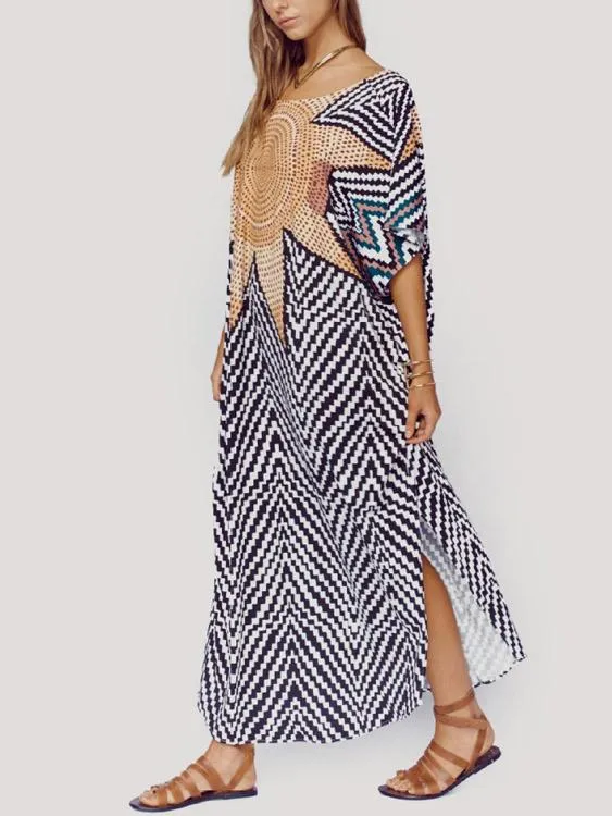 Wholesale Round Neck Half Sleeve Printed Slit Hem Beach Dresses