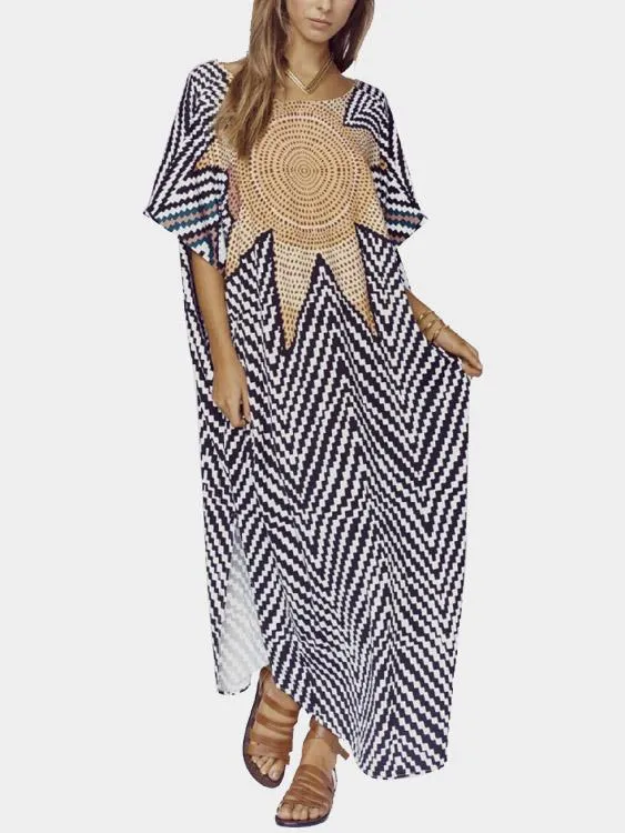 Wholesale Round Neck Half Sleeve Printed Slit Hem Beach Dresses