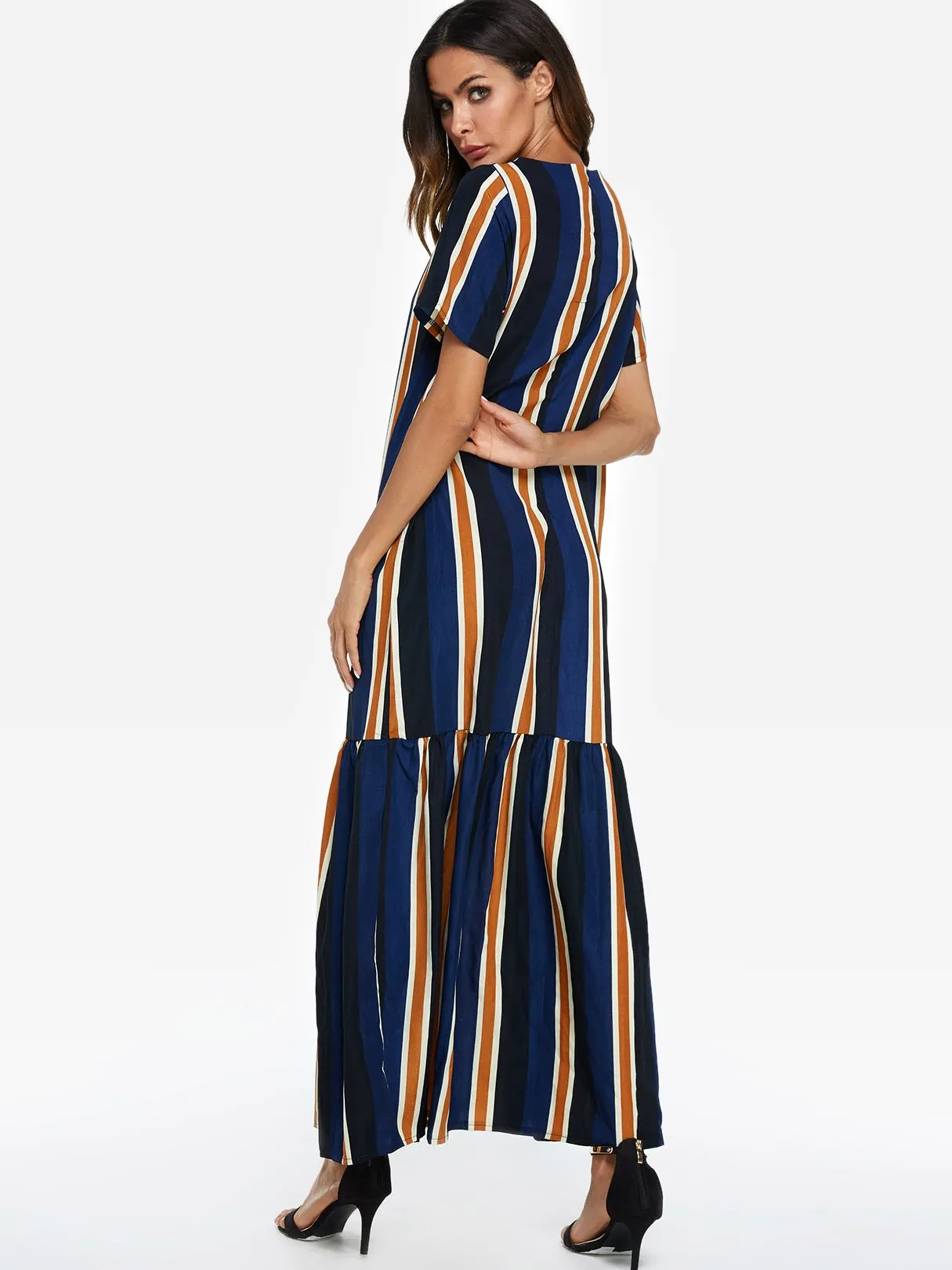 Wholesale Round Neck Short Sleeve Stripe Flounced Hem Maxi Dresses