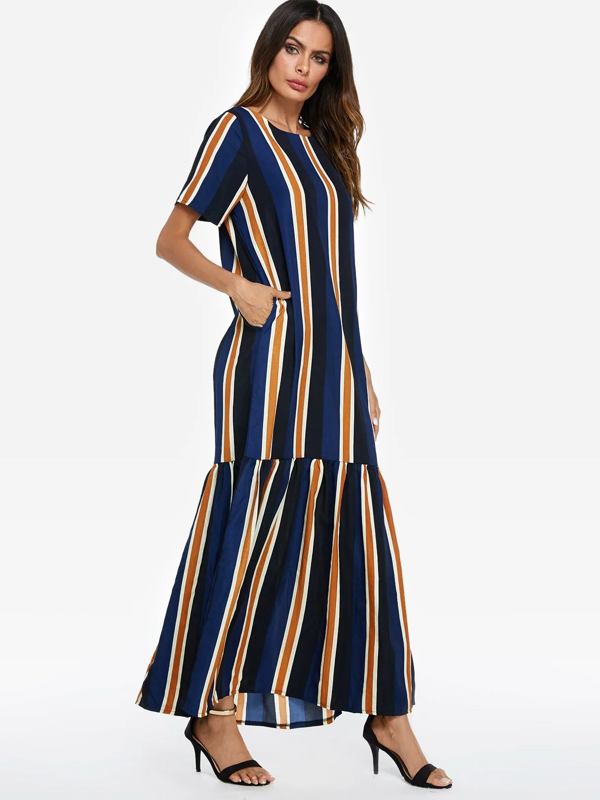 Wholesale Round Neck Short Sleeve Stripe Flounced Hem Maxi Dresses