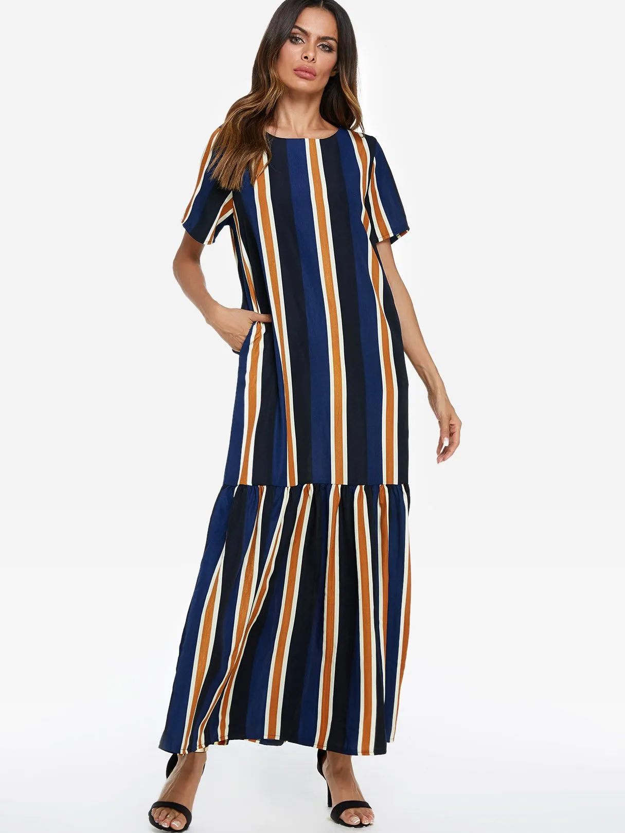 Wholesale Round Neck Short Sleeve Stripe Flounced Hem Maxi Dresses